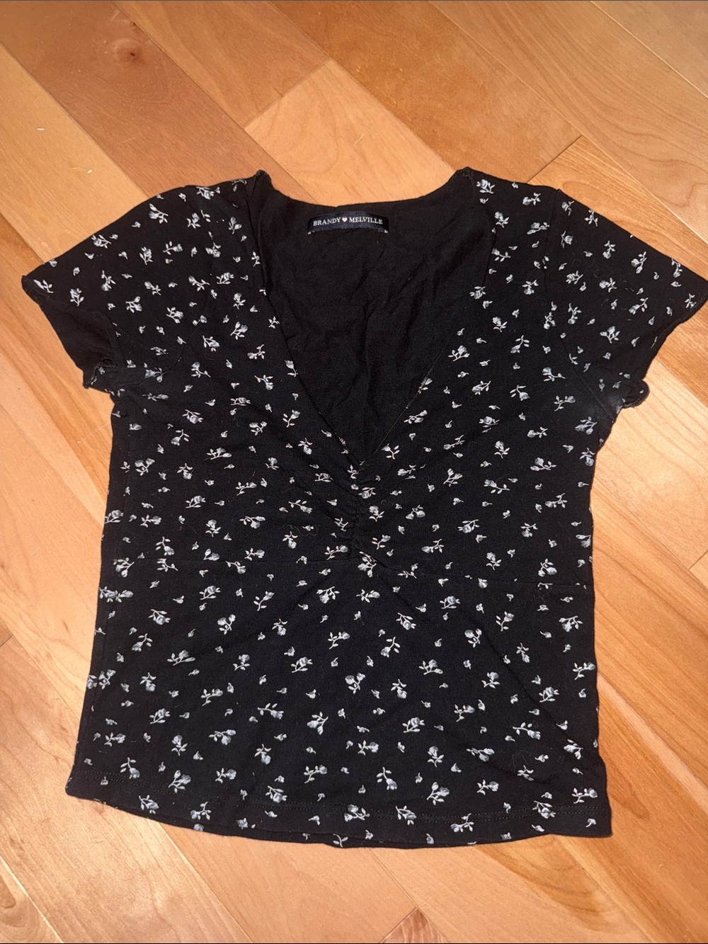 Brandy Melville Black V-Neck Short Sleeve Top with White Floral Print S